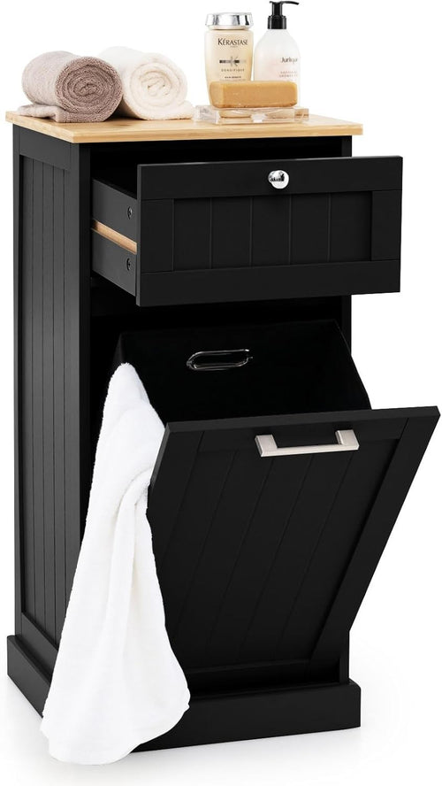 Black Tilt-Out Laundry Cabinet with Drawer & Removable Hamper | Freestanding Bat
