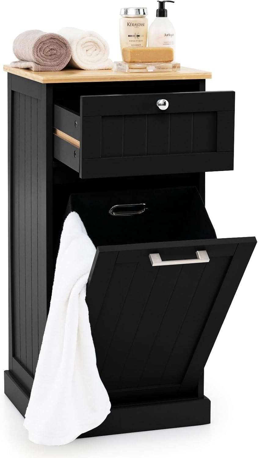 Black Tilt-Out Laundry Cabinet with Drawer & Removable Hamper | Freestanding Bat