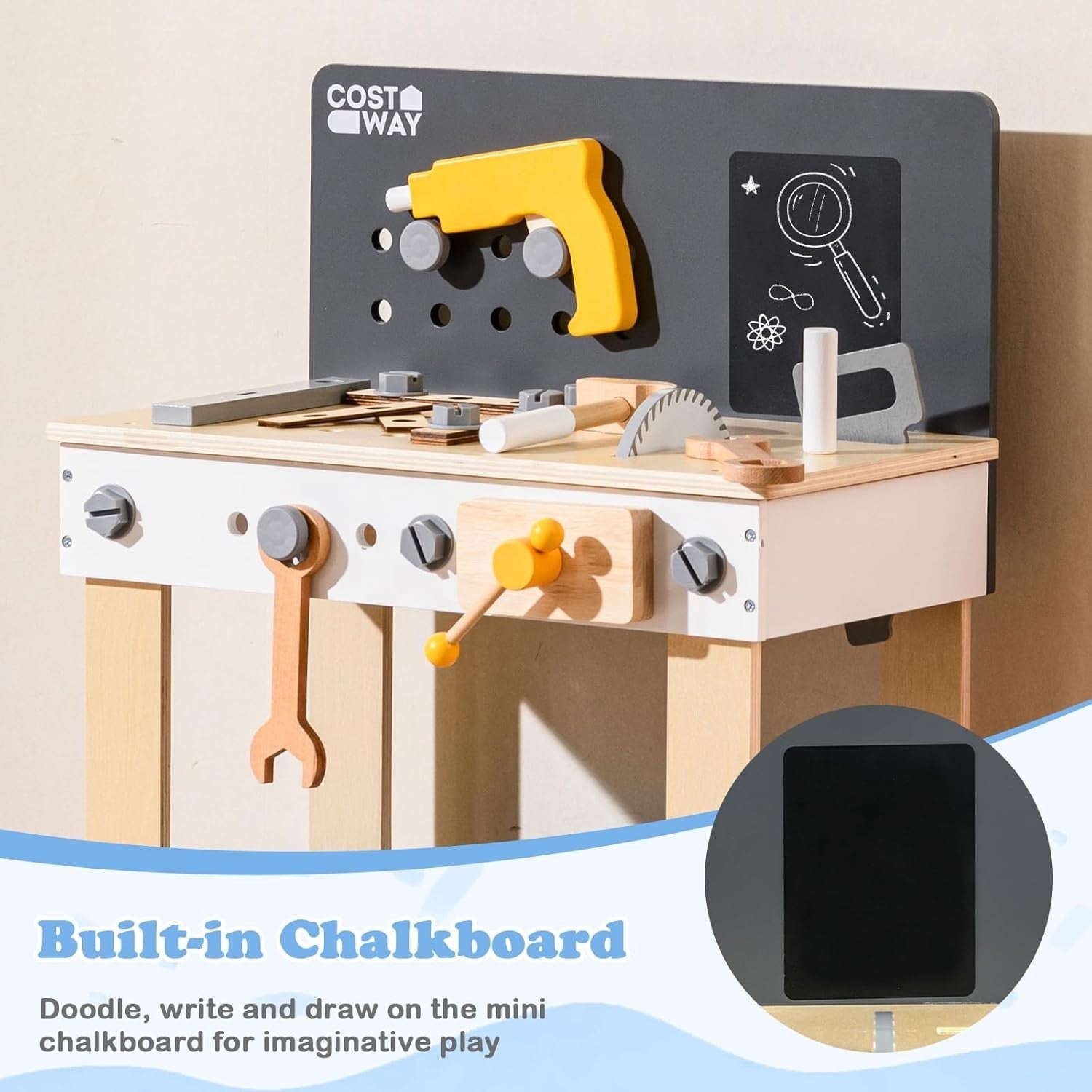 Wooden Kids Workbench Tool Bench w/ Pegboard Chalkboard Storage 51x28x72