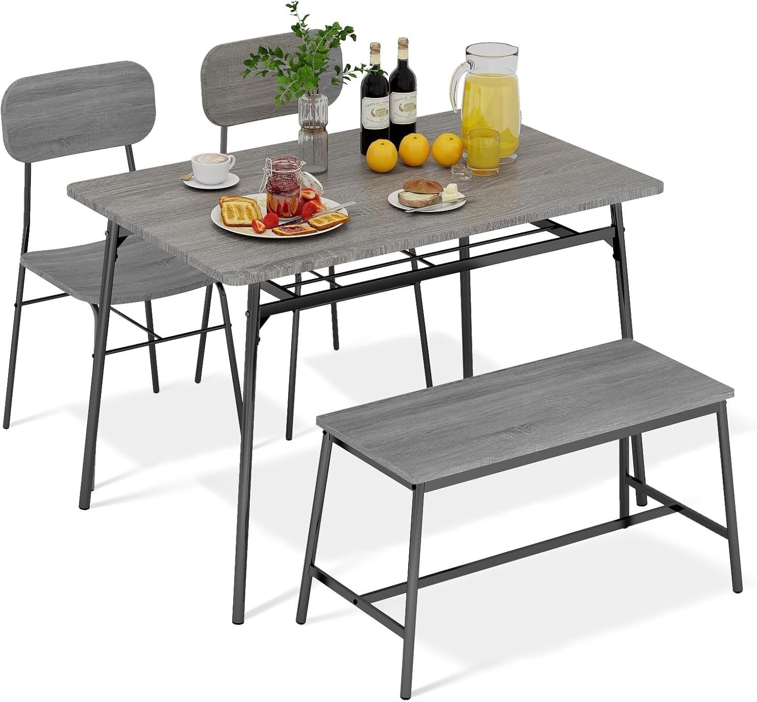Dining Table Set with Bench & 2 Chairs | Storage Rack | Modern Grey