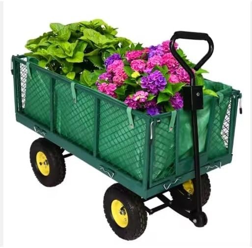 Heavy Duty 550kg Steel Garden Trolley Wagon with Removable Sides & Liner Green