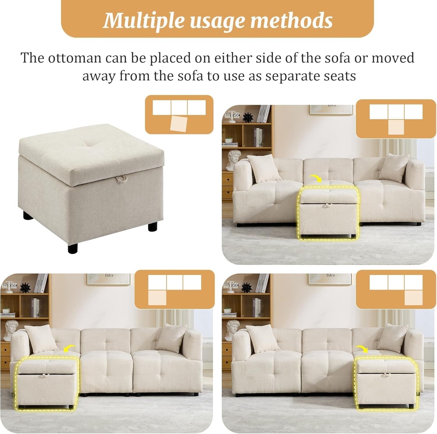 L Shape 3 Seater Sofa Bed with Storage Ottoman Beige Corner Couch Home