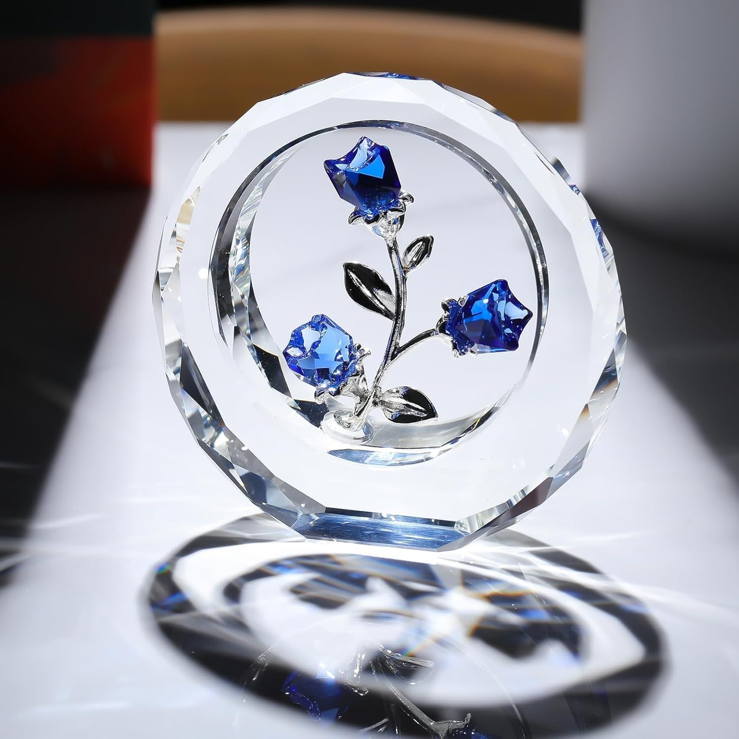 Blue Crystal Rose Bouquet Ornament • Glass Flower Figurine Gift for Women