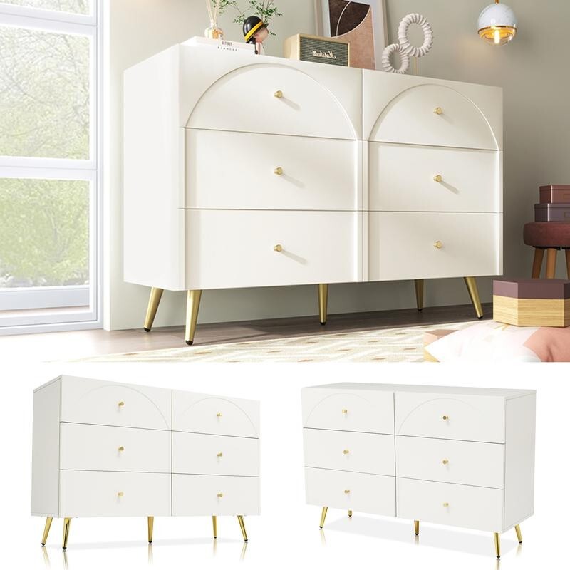 Cream White 6 Drawer Chest Modern Sideboard Cabinet Arched Front Storage