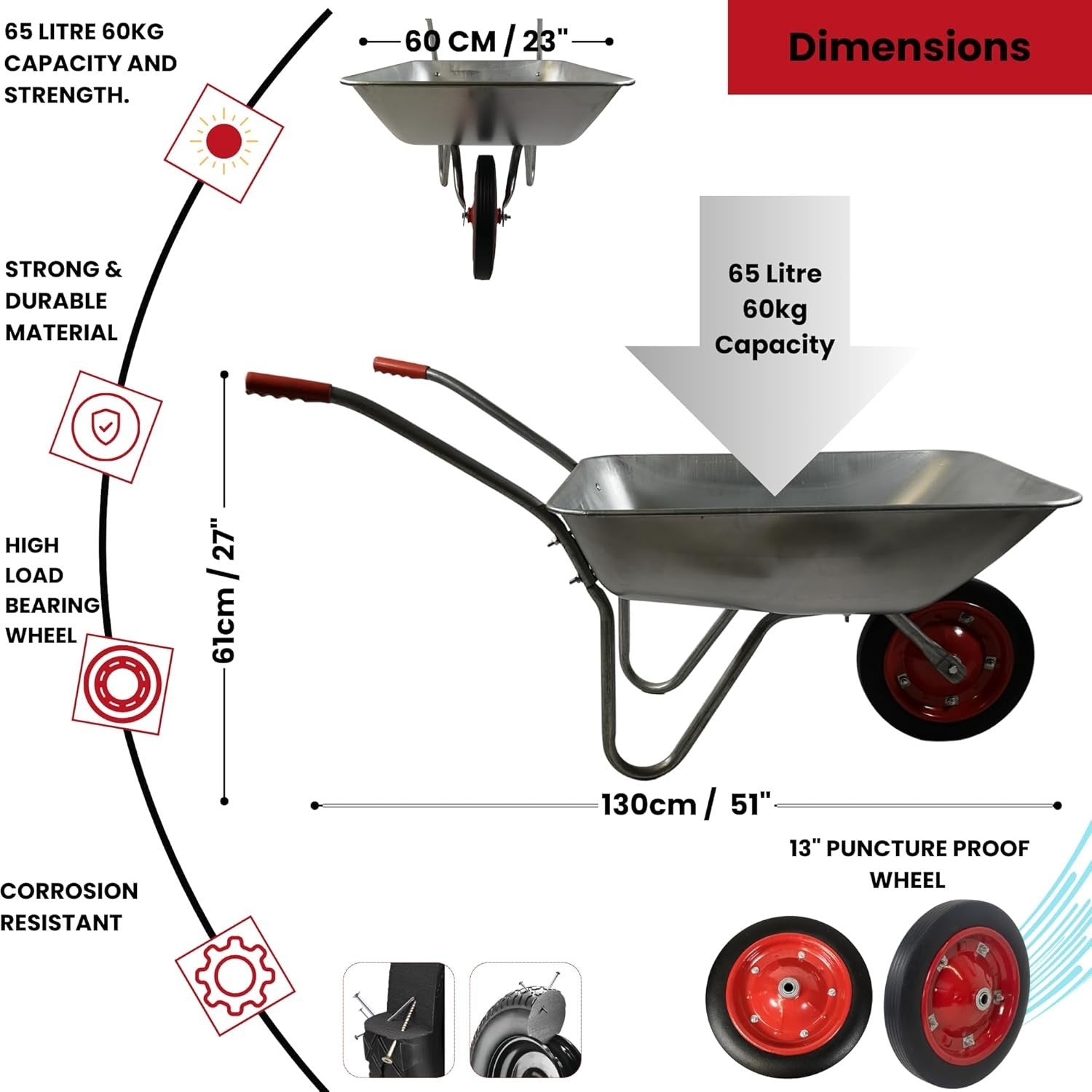 65L Galvanised Garden Wheelbarrow – Puncture Proof Tyre w/ Steel Tray 60kg Load