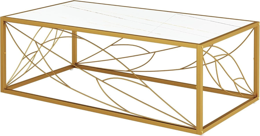 Modern White Marble Coffee Table 120x60x40cm with Metal Frame & Gold Leaf