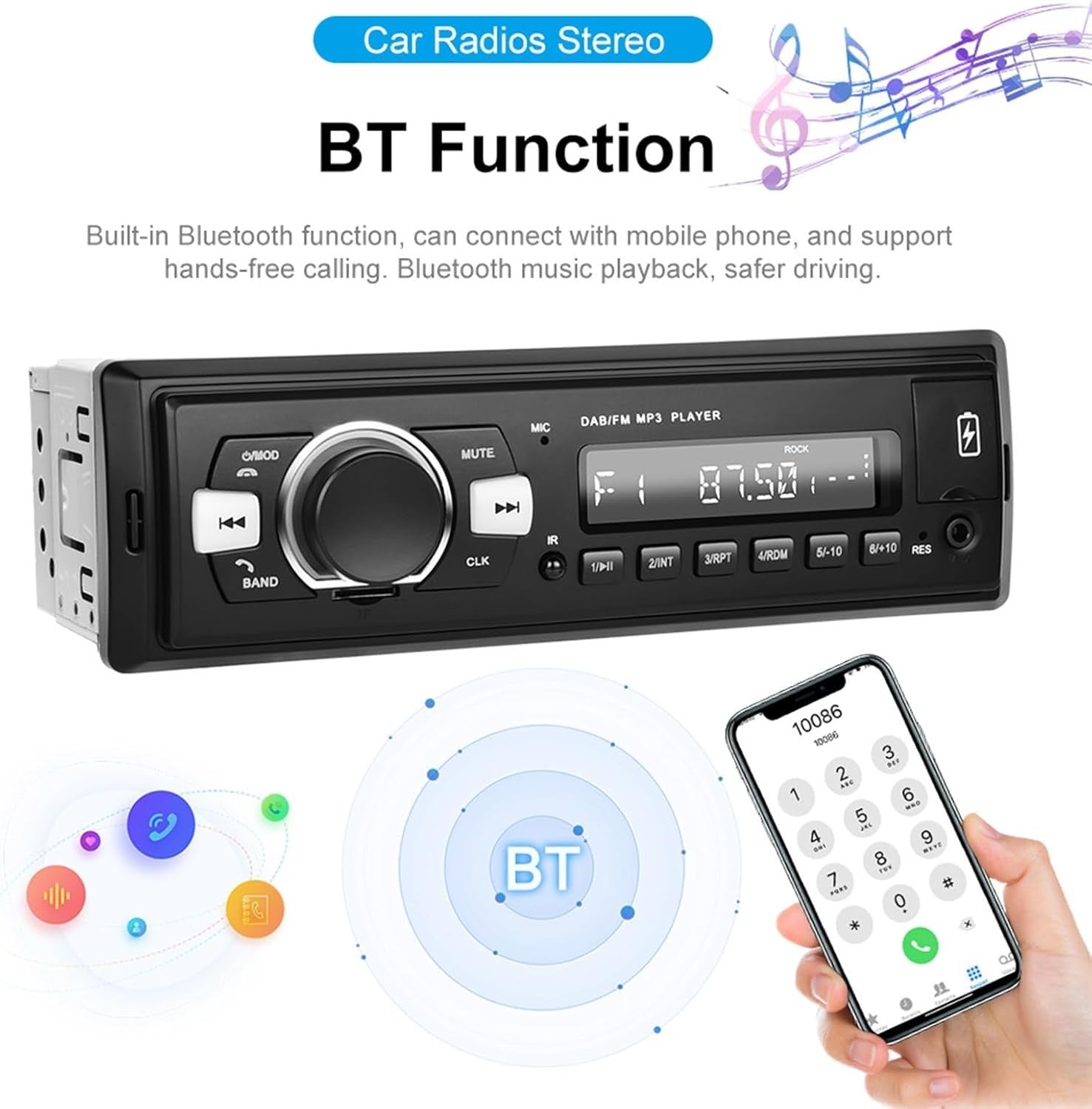 DAB/DAB+ Car Stereo 1 Din Bluetooth FM Radio USB AUX TF 25W