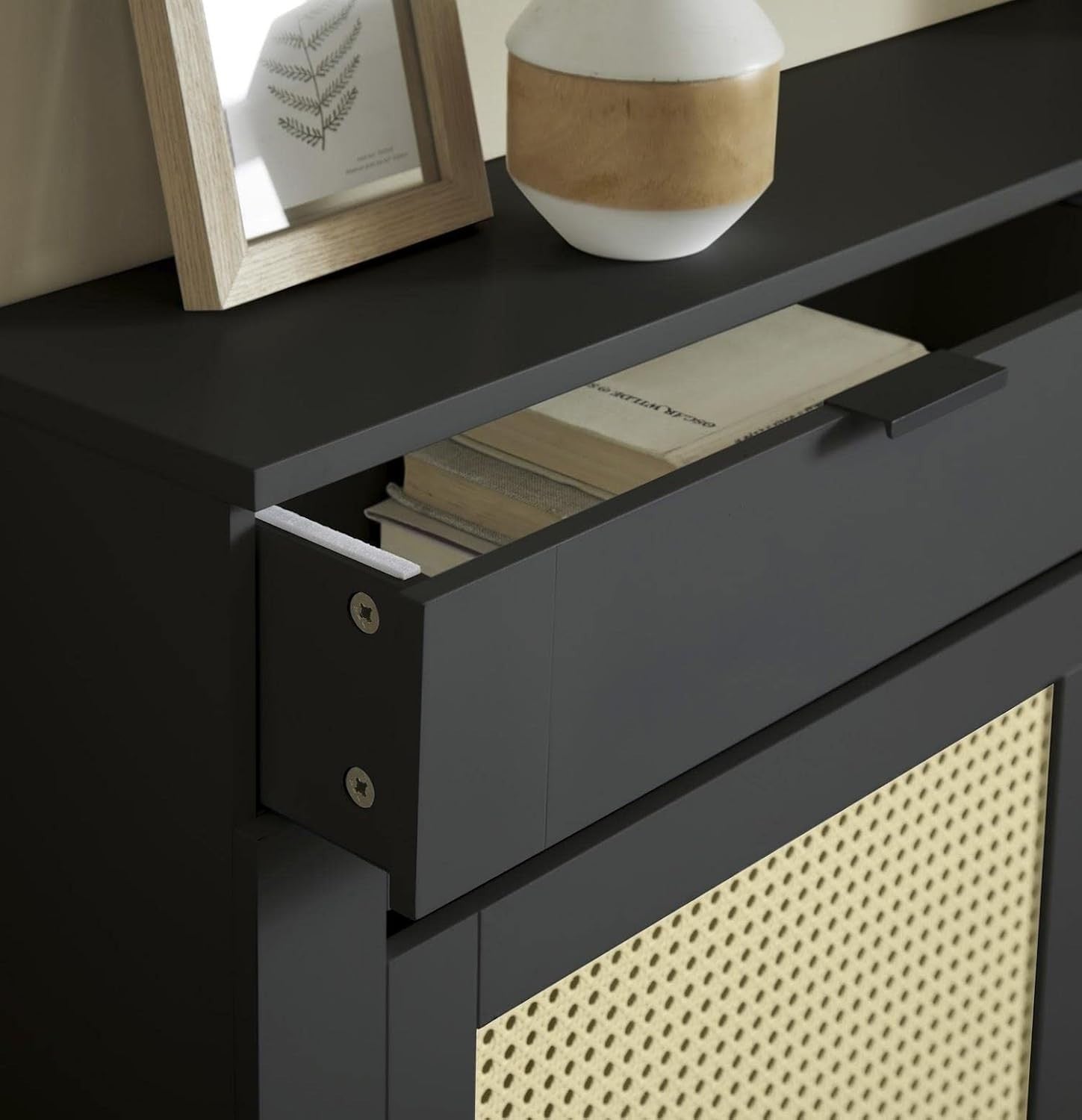 Black Radiator Cover Cabinet with Rattan Panels Storage Drawers & Shelf, Medium