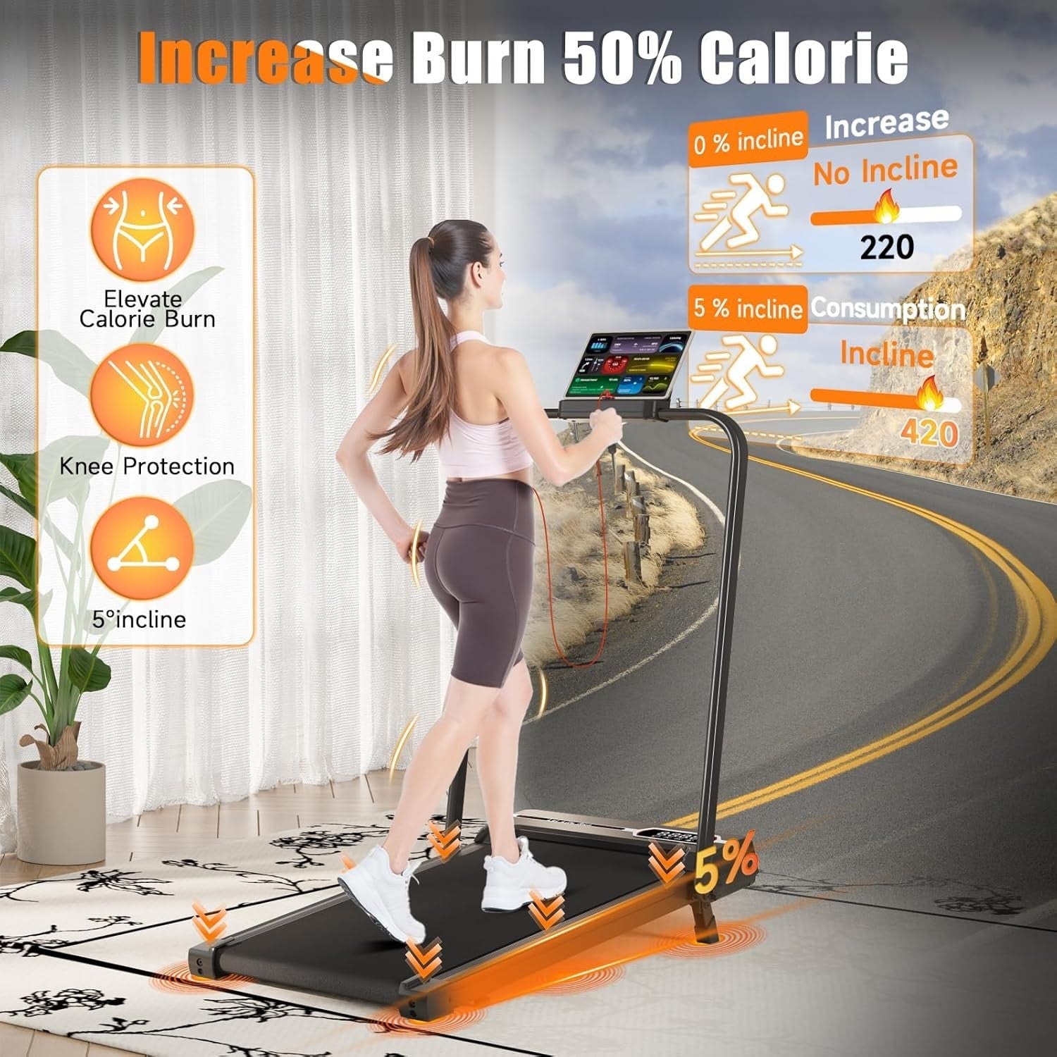 Foldable Under Desk Treadmill 2.5HP Incline LED Display Home Fitness