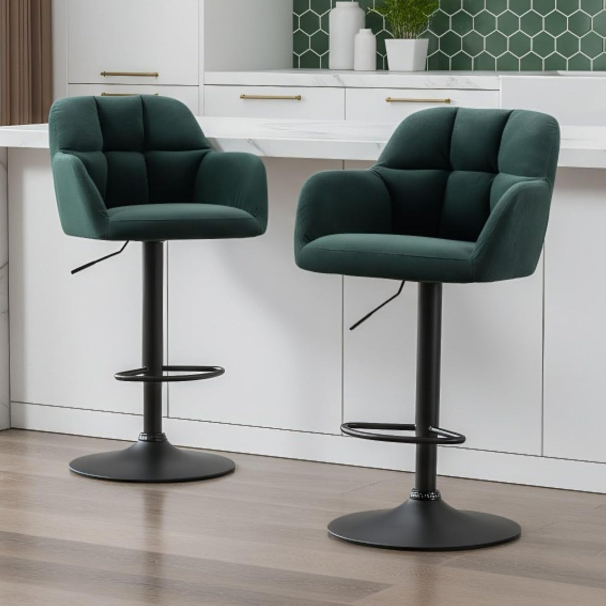 Adjustable Green Velvet Bar Stools Set of 2 Swivel Kitchen Counter