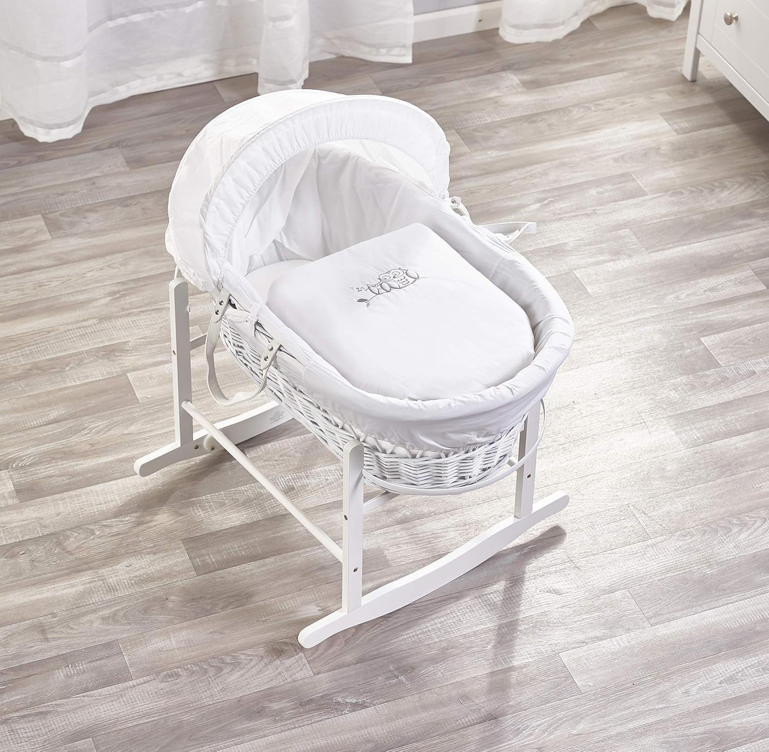 Embroided  Wicker Moses Basket Adjustable Hood Rocking Stand Owl White