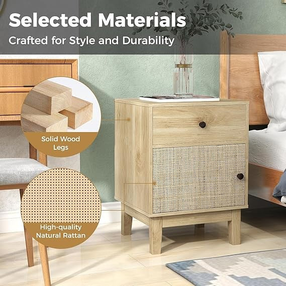 Rattan Bedside Tables Set of 2 – Boho Storage Drawer & Door – Solid Wood Legs 40