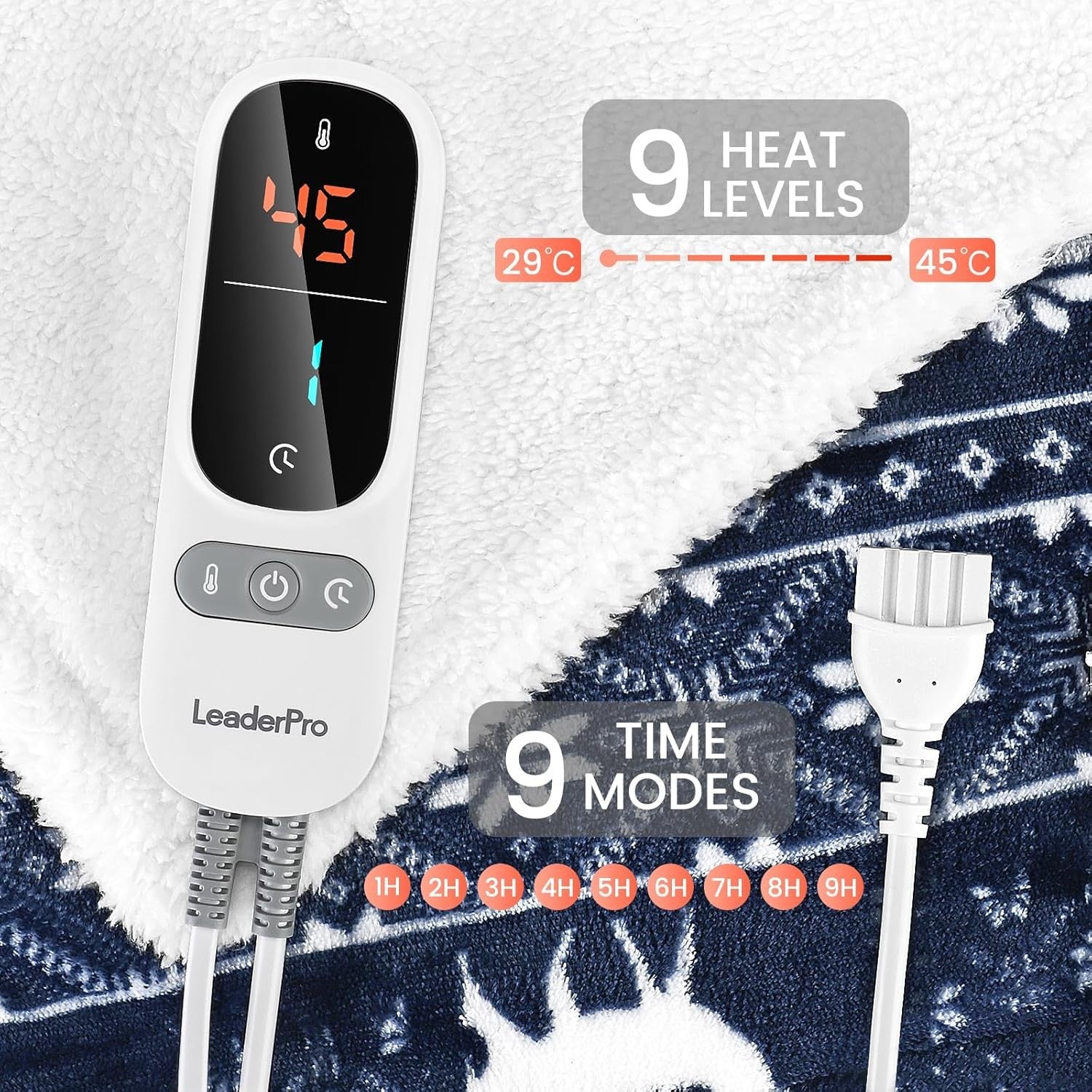 Double Electric Heated Blanket Fast Heat 9 Levels Timer Washable Fleece Throw