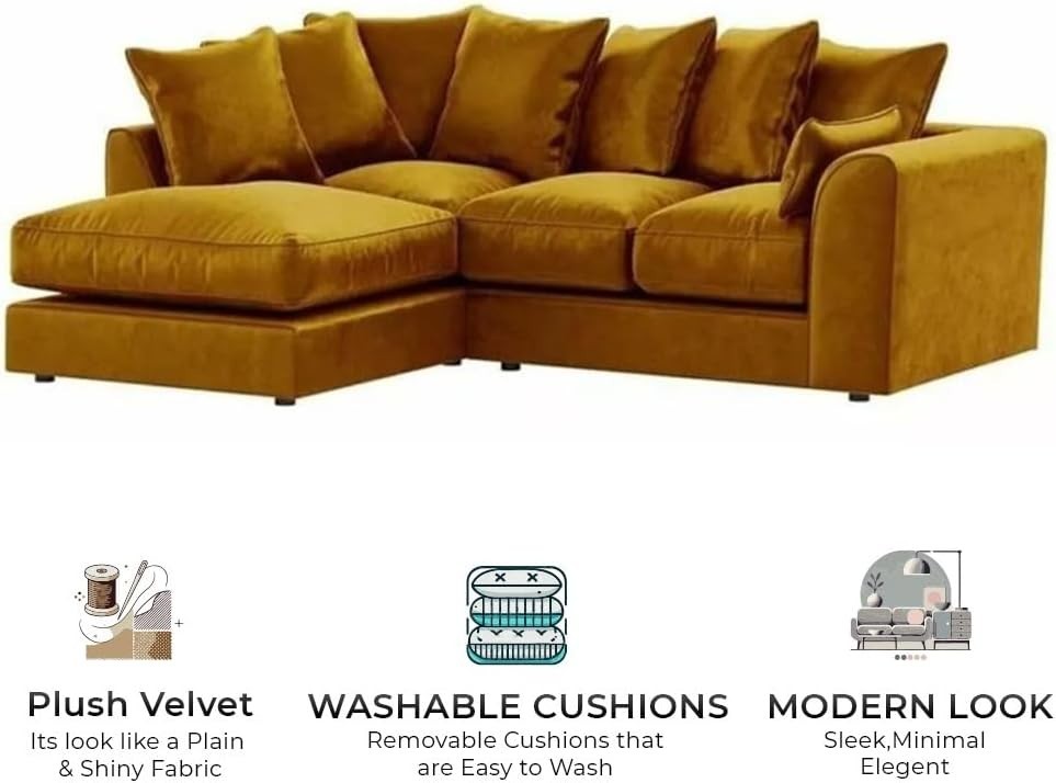 Plush Velvet L Shape Corner Sofa Set 3+2 Seater Mustard Couch Comfy Modern