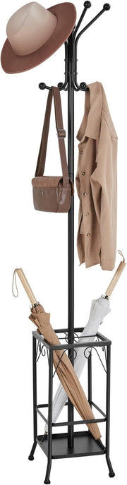 Black Metal Coat Rack Stand with Umbrella Holder 8 Hooks Hallway Organizer