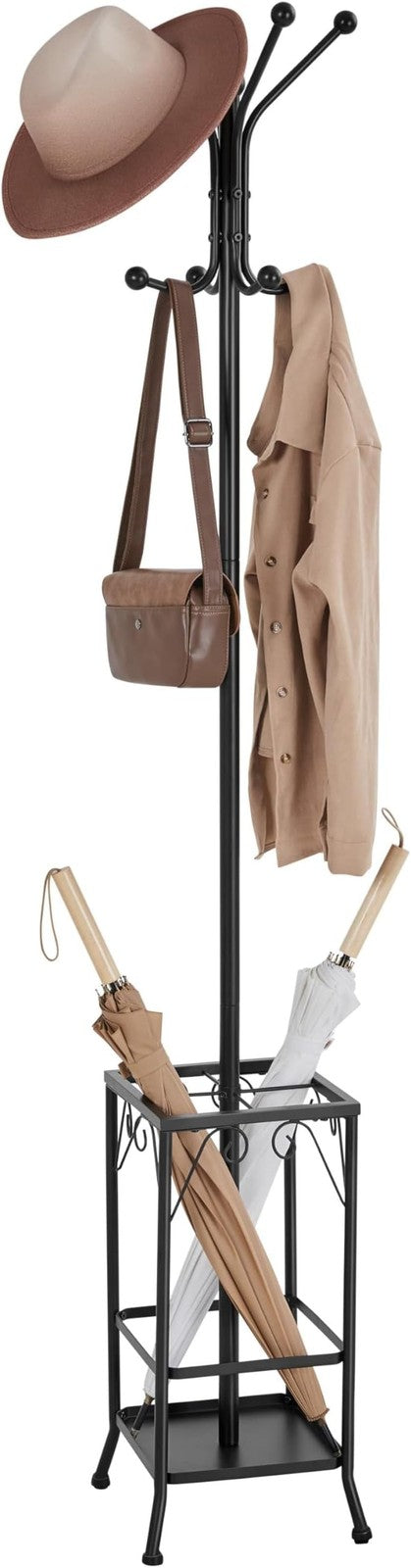Black Metal Coat Rack Stand with Umbrella Holder 8 Hooks Hallway Organizer