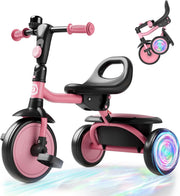 Kids Tricycle Flash LED Wheels Foldable Toddler Bike Pink Age 18M-5Y