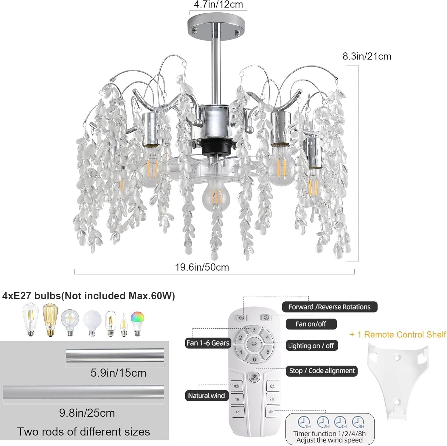 Crystal Ceiling Fan Light 50CM, 6-Speed, APP, Remote, Silver Leaf