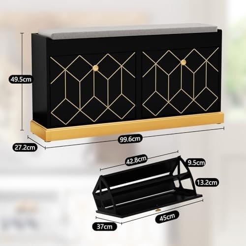 Black Shoe Storage Bench with Cushion Flip Drawer Modern Hallway Cabinet