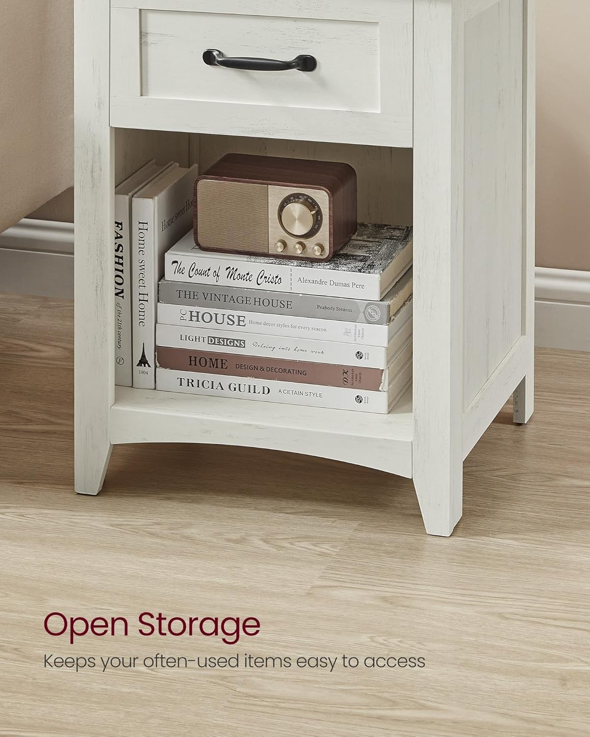 Farmhouse Bedside Tables Set of 2 with Drawer & Charging Station, Rustic White