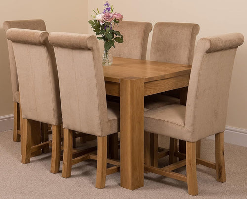 6 Beige Fabric Chairs Oak Dining Table Set Solid Wood 125x80cm Modern