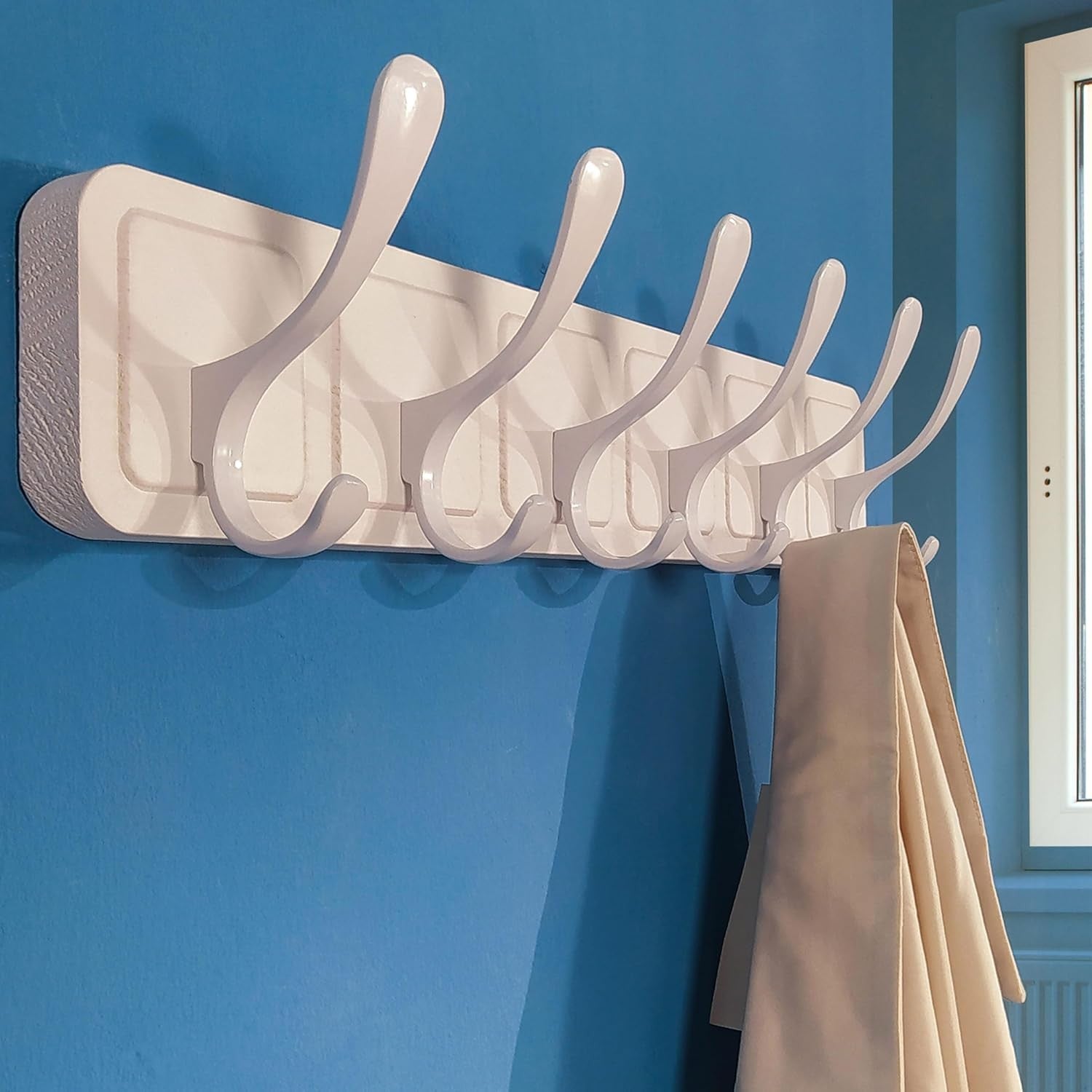 White Wall Coat Rack Set | 2x 6 Hook Wooden Hanger Racks Scandi Minimalist