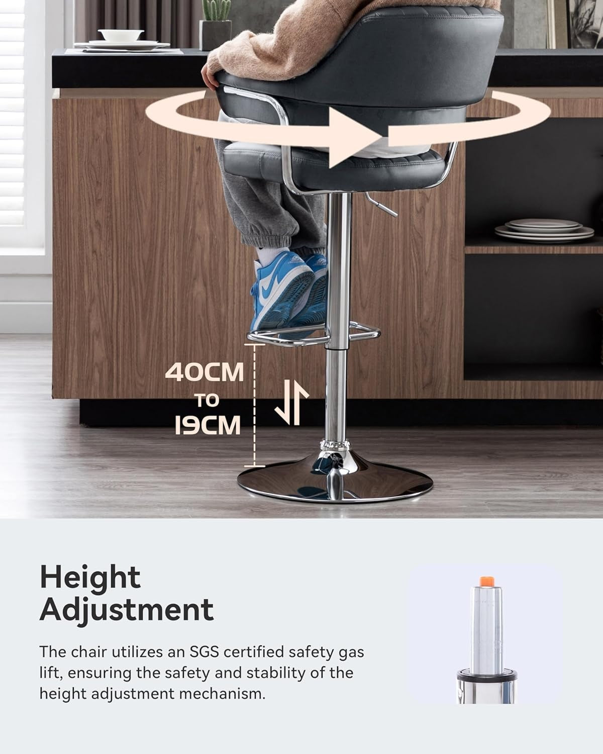 Grey Swivel Bar Stool Faux Leather Padded Chrome Frame
