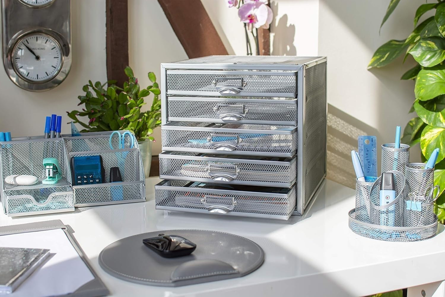 5-Tier Silver Wire Mesh Desk Organizer Tray for A4 Files & Documents