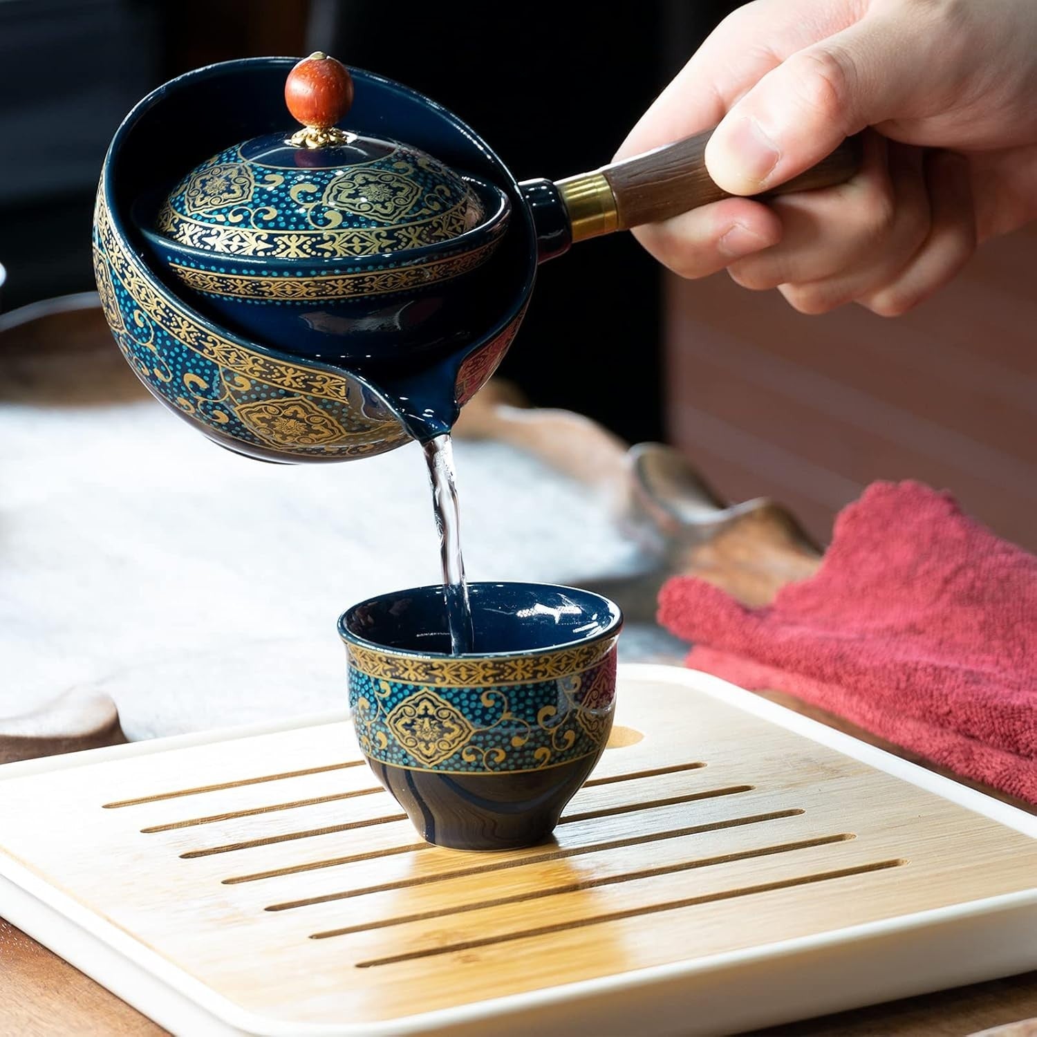 Portable Gongfu Tea Set Rotating Teapot Infuser Travel Tea Kit Blue