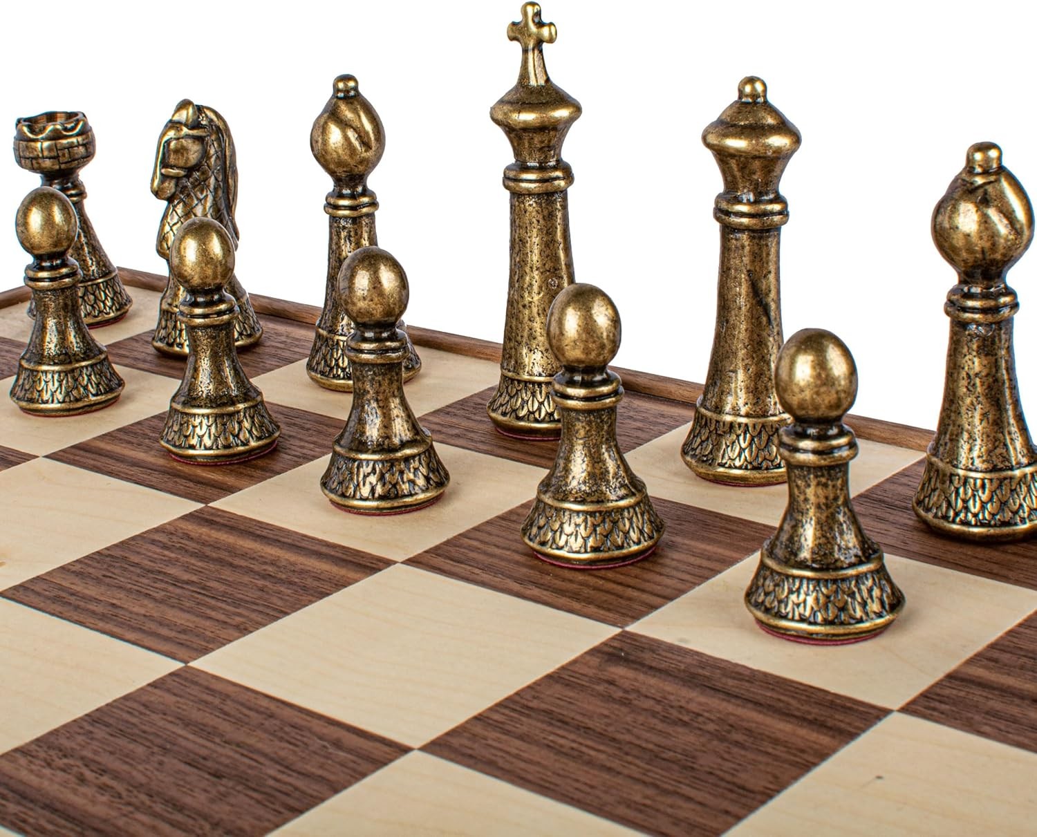 Luxury Brass & Pewter Chess Set 46cm Board | Walnut Wood Storage Box