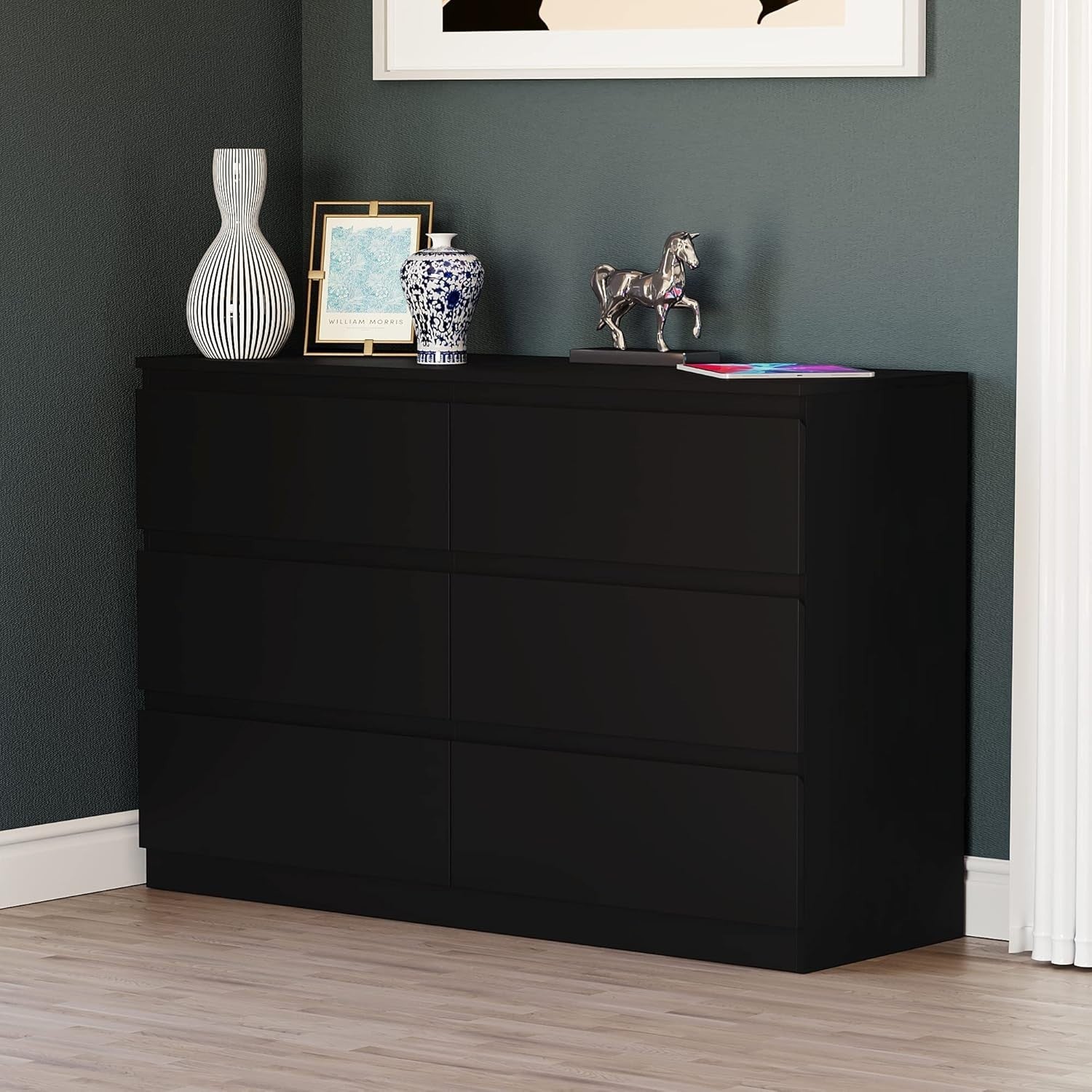 Modern 6 Drawer Chest Black Wood Storage Unit Bedroom Living Room