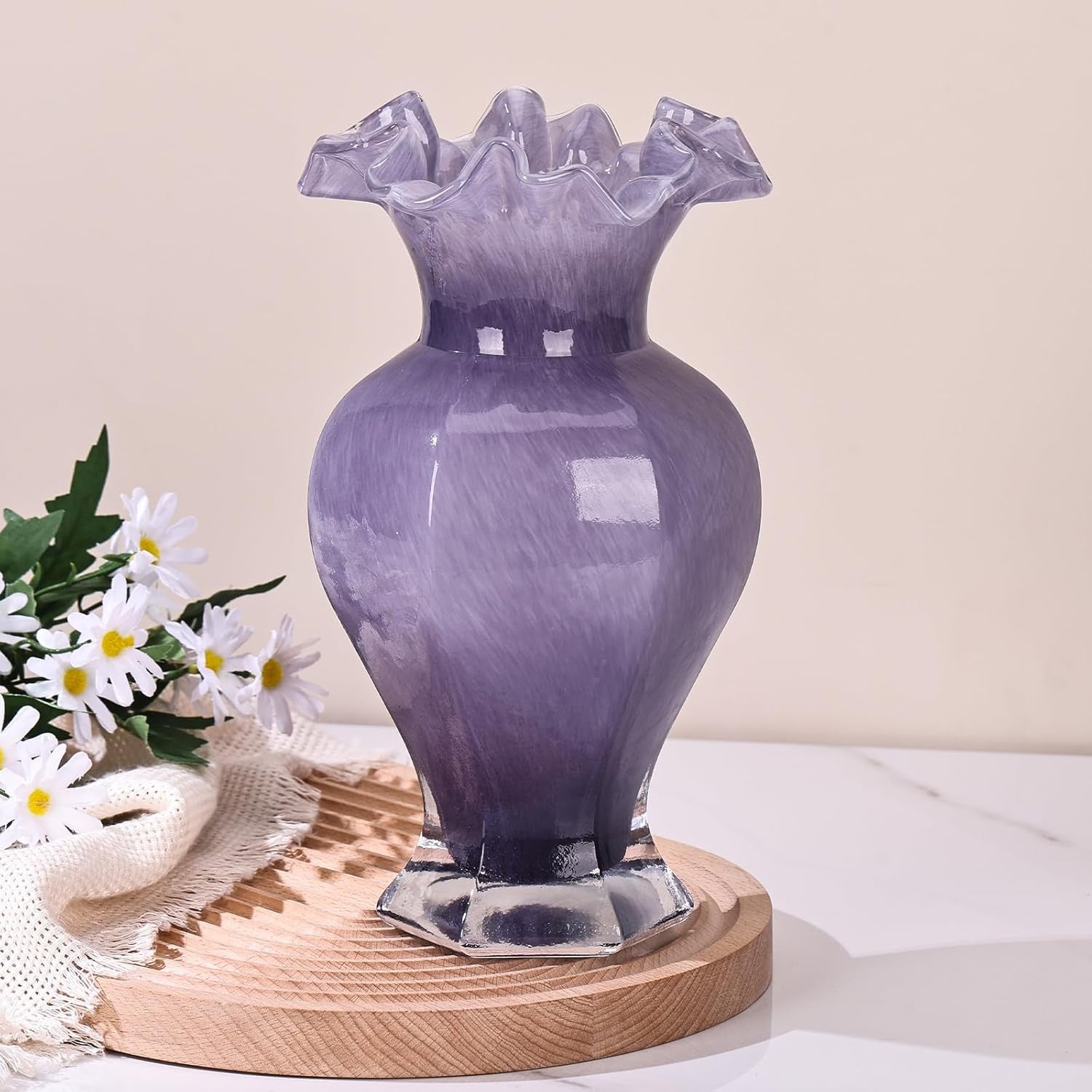 Hand Blown Purple Glass Vase 24cm Tall Art Centerpiece Table Decor