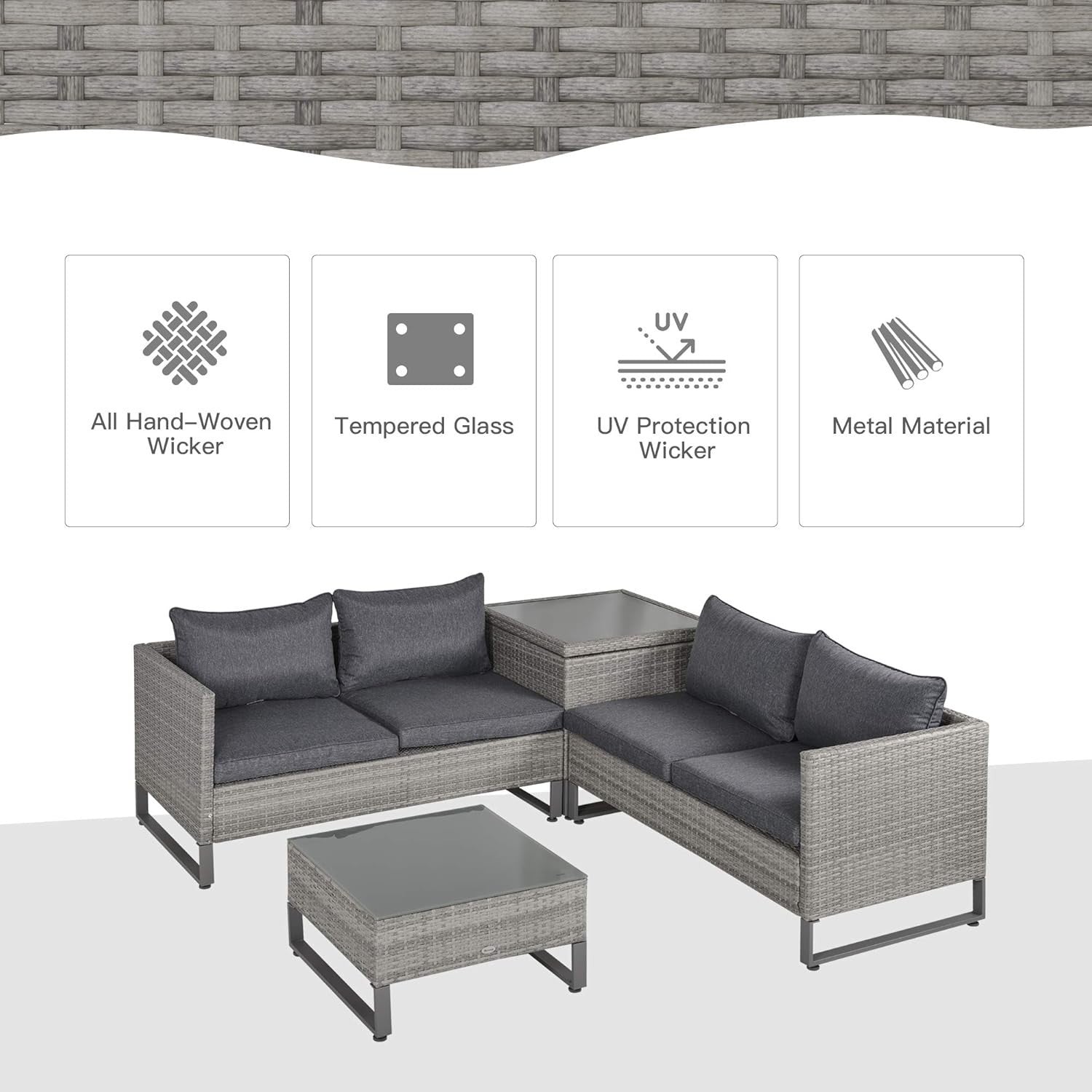 4-Piece Outdoor Rattan Sofa Set with Storage Table & Cushions Grey