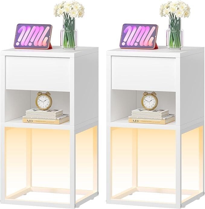 2x LED Bedside Tables White Slim Nightstand Drawer Small Side Table