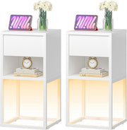 2x LED Bedside Tables White Slim Nightstand Drawer Small Side Table