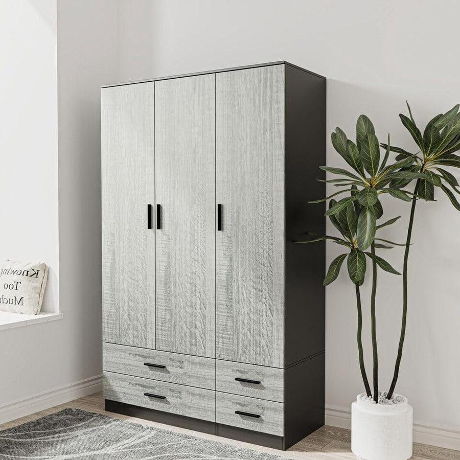 3 Door 4 Drawer Wardrobe Hanging Rail Black Ash Grey Bedroom Storage