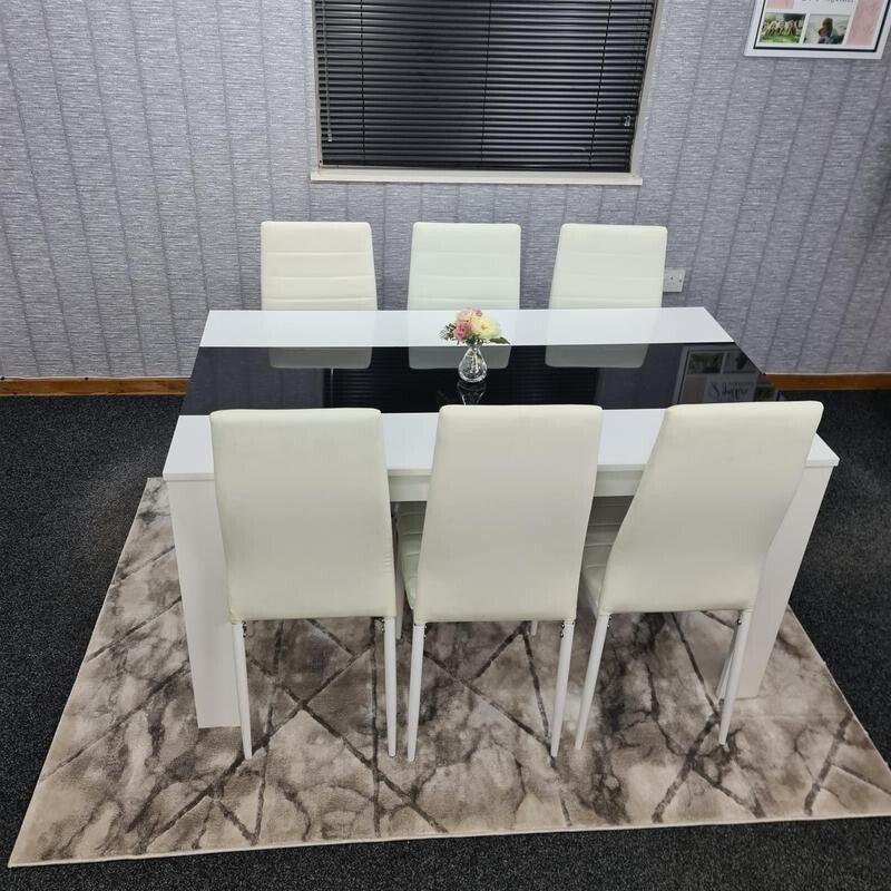 White Black Dining Table Set with 6 Leather Chairs Modern MDF 140cm