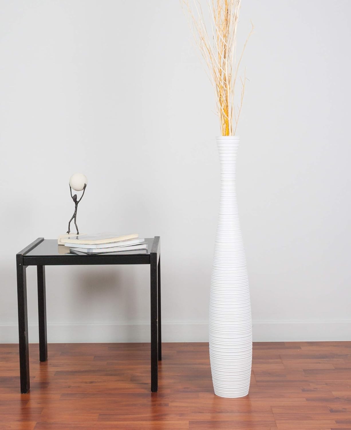 Large White Curved Floor Vase 65cm Tall Wooden Decor for Pampas Grass