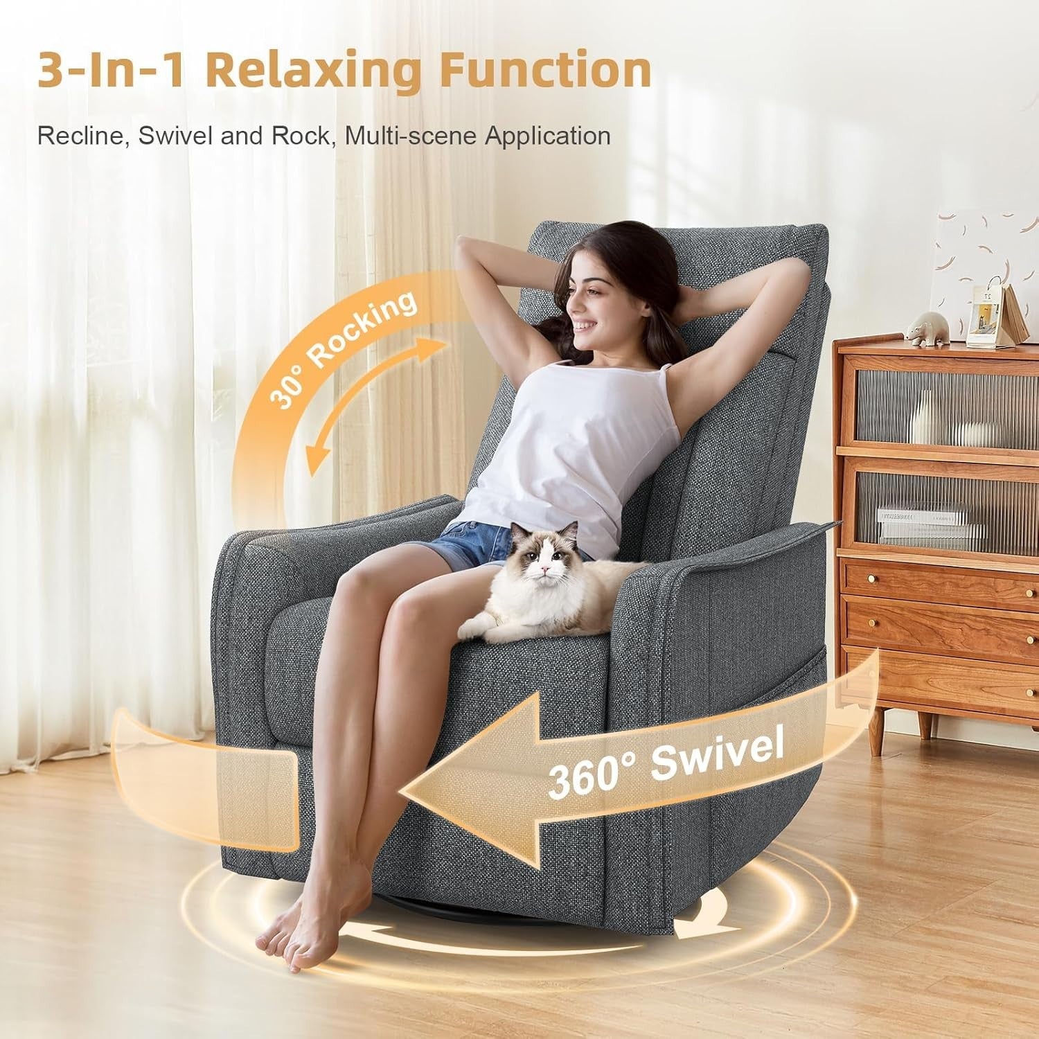 Swivel Rocking Recliner Chair Massage Heat 135° Recline Footrest Dual Pockets