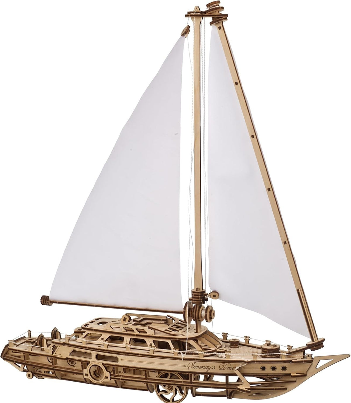 3D Mechanical Wooden Sailboat Model Kit - 365 Pieces, Wind-Up Moving Yacht