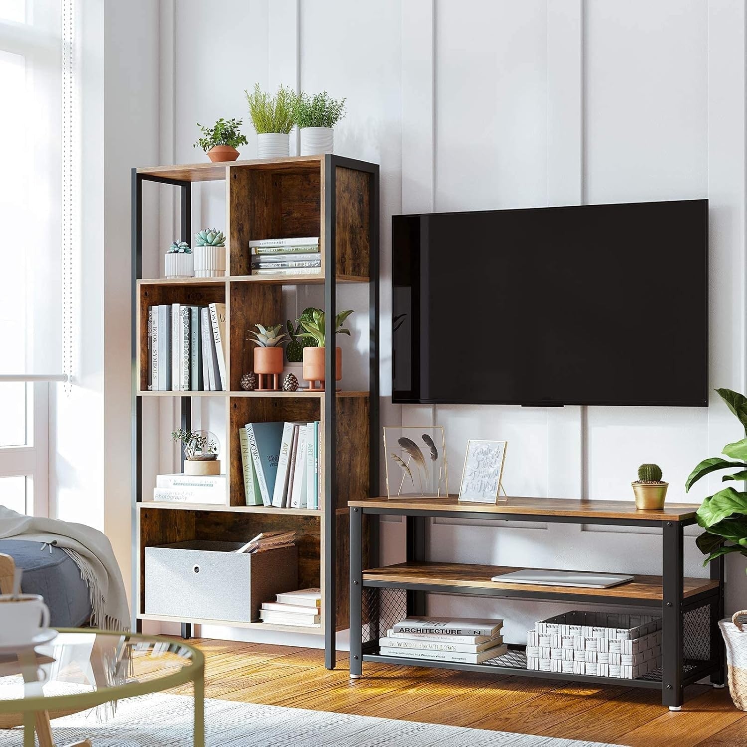 Industrial Cube Bookcase Storage Shelf – Rustic Brown Room Divider & Display Rac