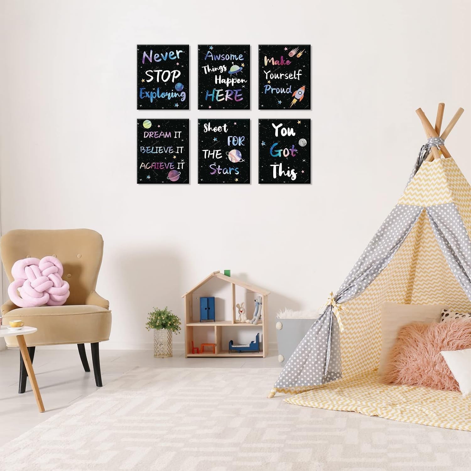 Space Motivational Wall Art Set of 6 Framed Kids Bedroom 25x20cm
