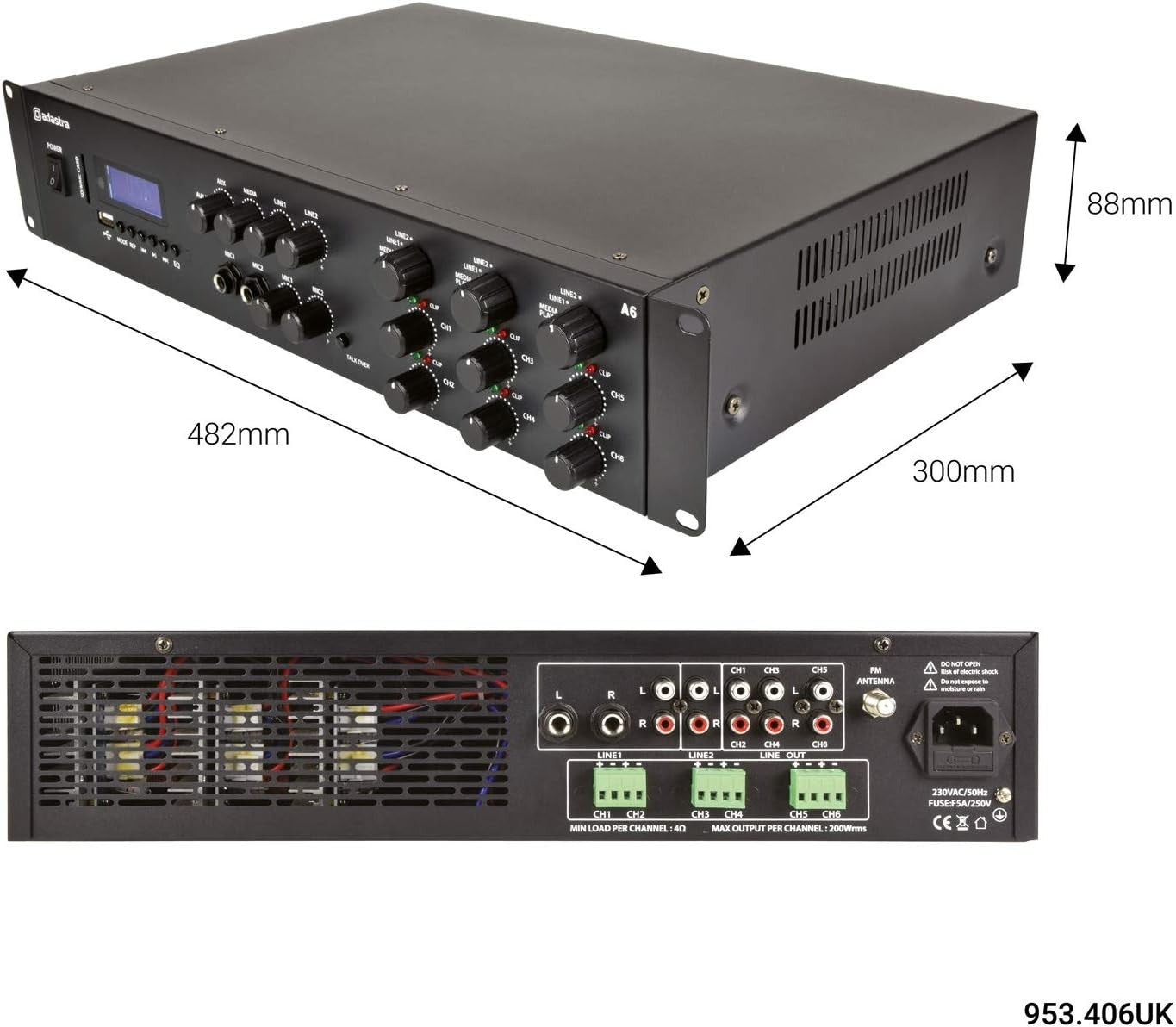 6-Channel Multi-Zone Stereo Amplifier 6x200W Bluetooth FM USB SD
