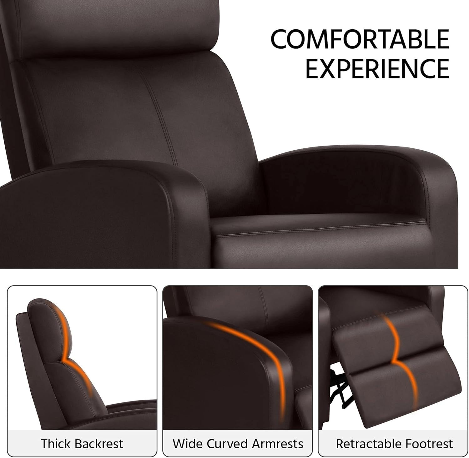 Brown Faux Leather Recliner Chair Adjustable Armchair Home Cinema Seat