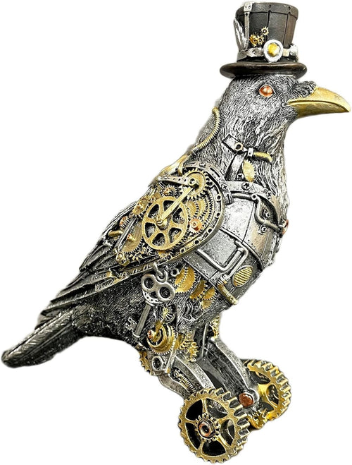 Steampunk Crow Ornament Industrial Silver Resin Gothic Bird Sculpture 27cm