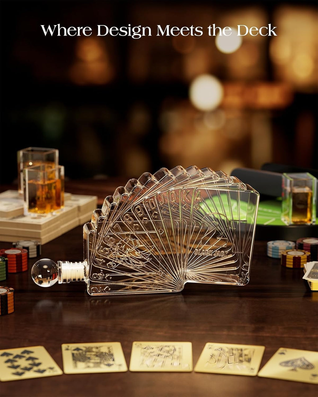 Blackjack Whiskey Decanter Set with 4 Glasses & Rotating Casino Display 1100ml
