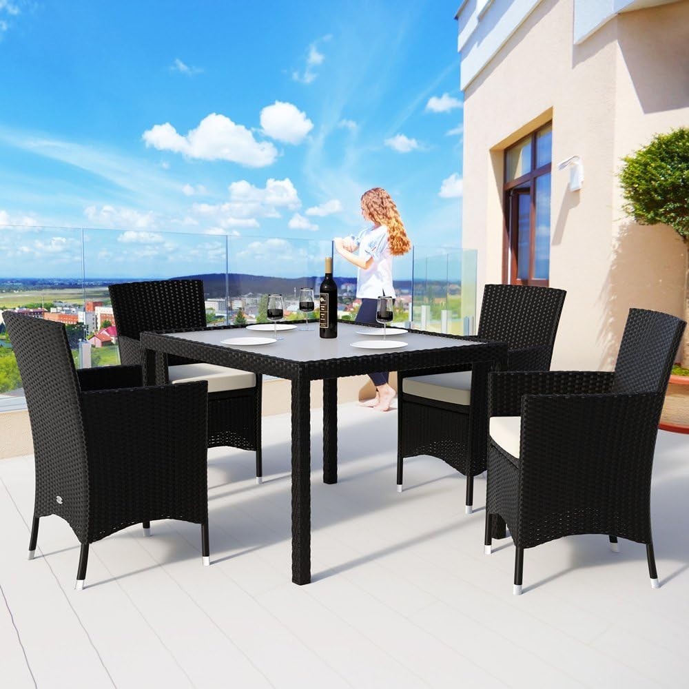 Outdoor Rattan Dining Set 4 Chairs Glass Table Cushions Garden Patio