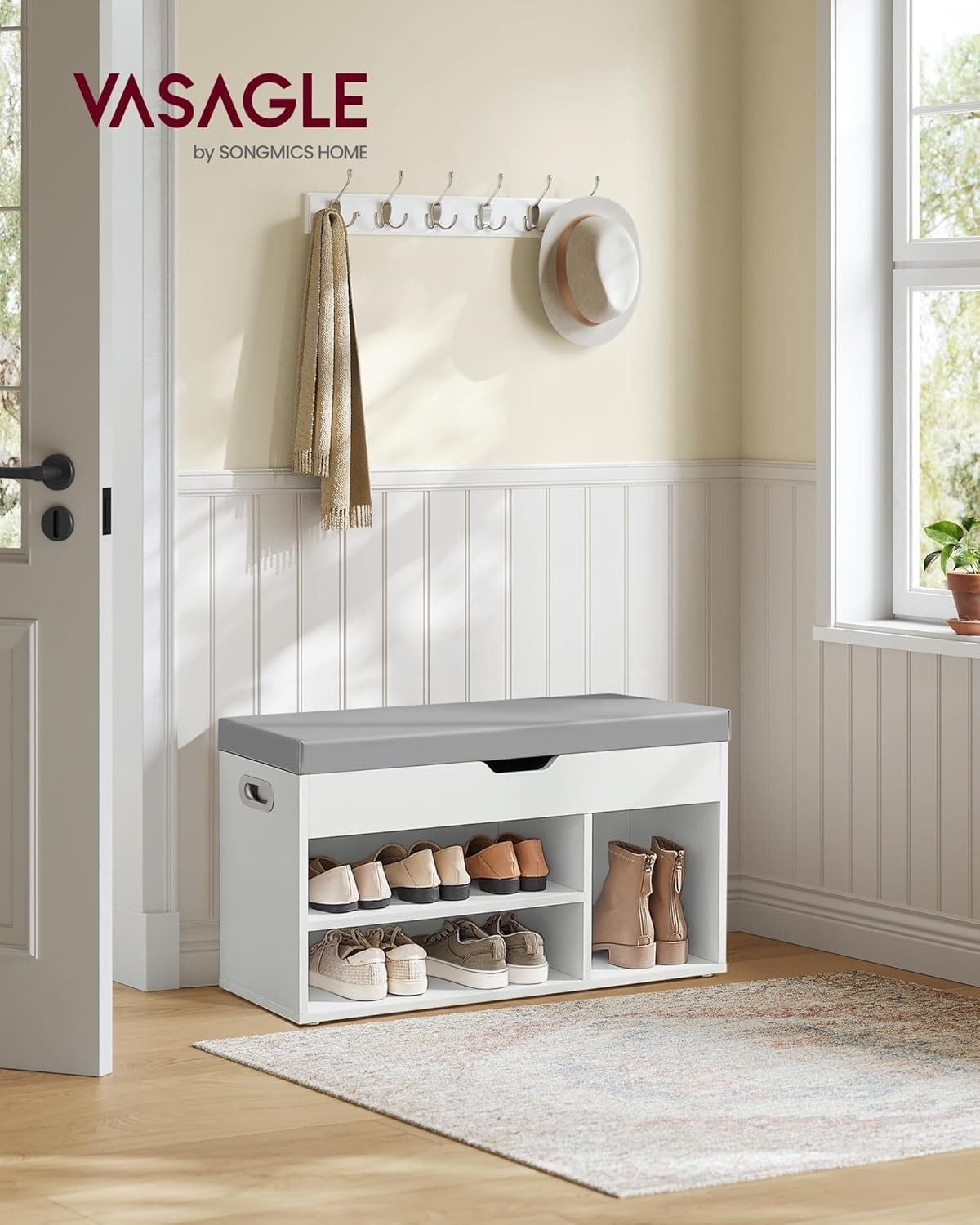 Cloud White Shoe Bench with Cushion & Storage, 3 Compartments, 80cm Wide