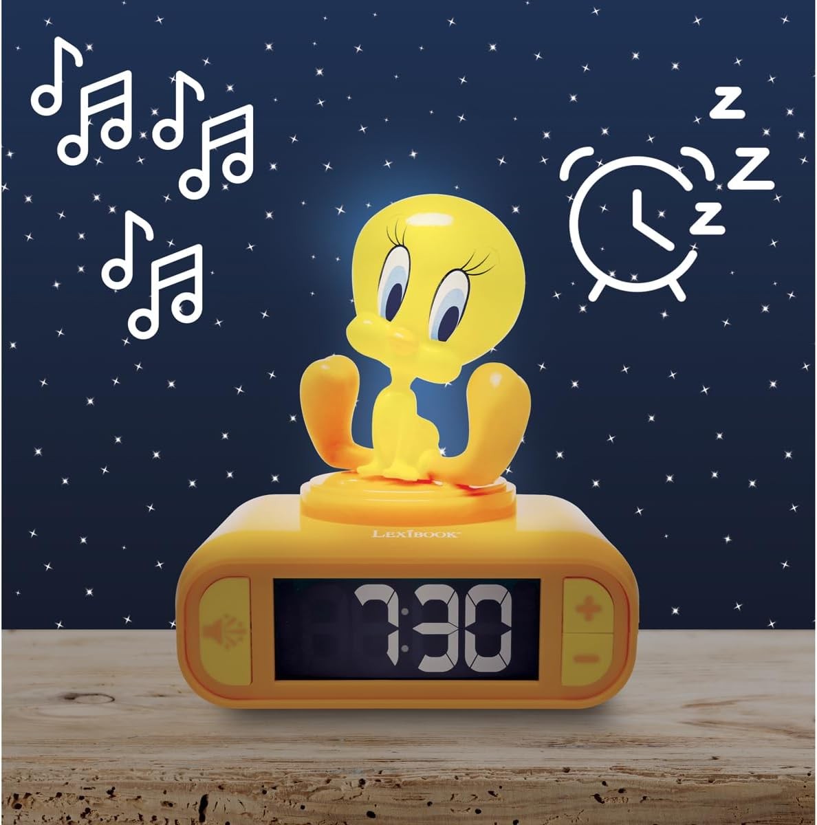 Kids Yellow Night Light Alarm Clock LCD Snooze Sounds Bedside Clock