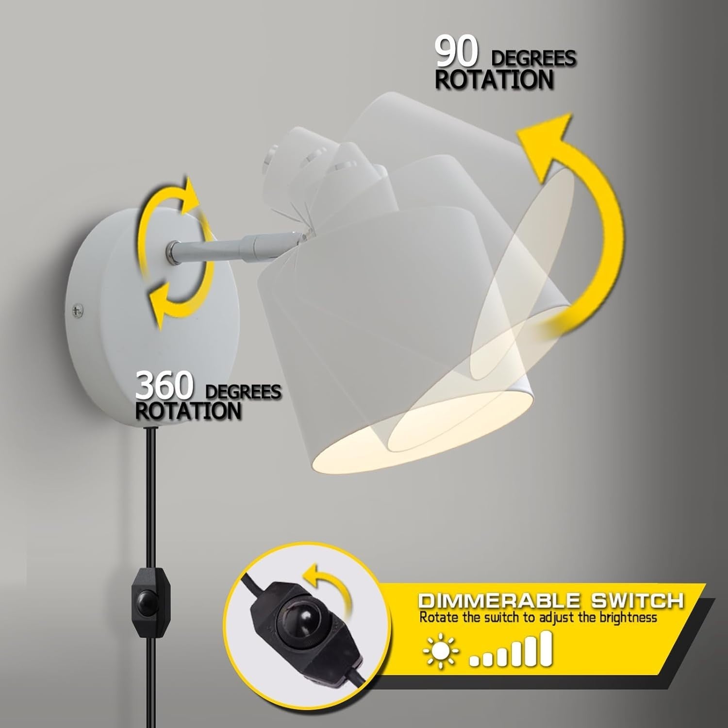 Dimmable Plug-in Wall Sconce Light, 360° Rotatable, Modern Metal Lamp